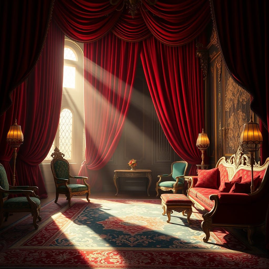 Majestic Crimson Velvet Curtain Reveals Opulent, Vacant Livi...