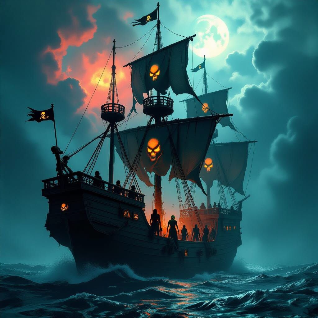 Spectral Pirate Ship Emerges from Nebula in Beksiński Style