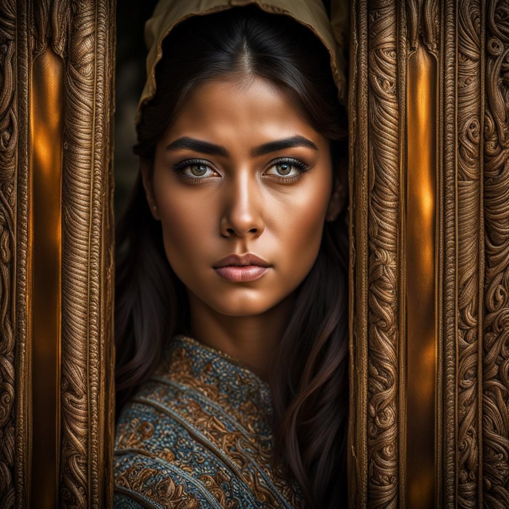 Latina Woman with Camera Face: Hyperrealistic Portrait