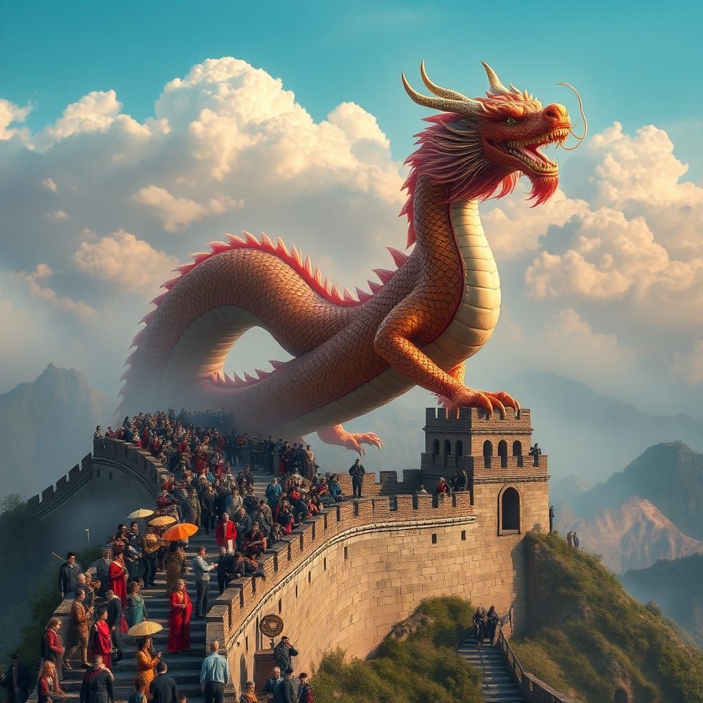 Golden Dragon Ascends Over Great Wall, Fantasy Art