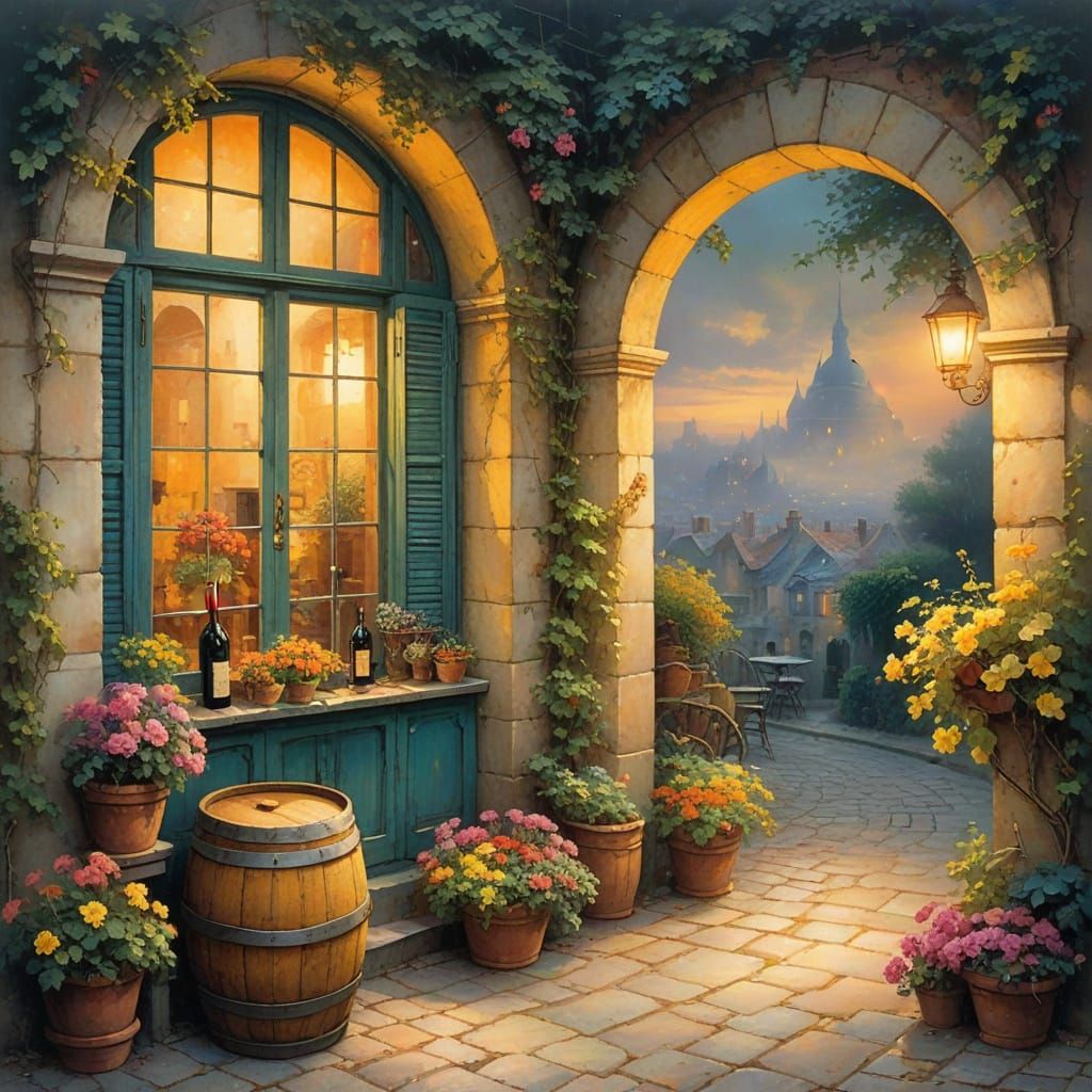 Old Wine Barrel Scene in Whimsical Parisian Style