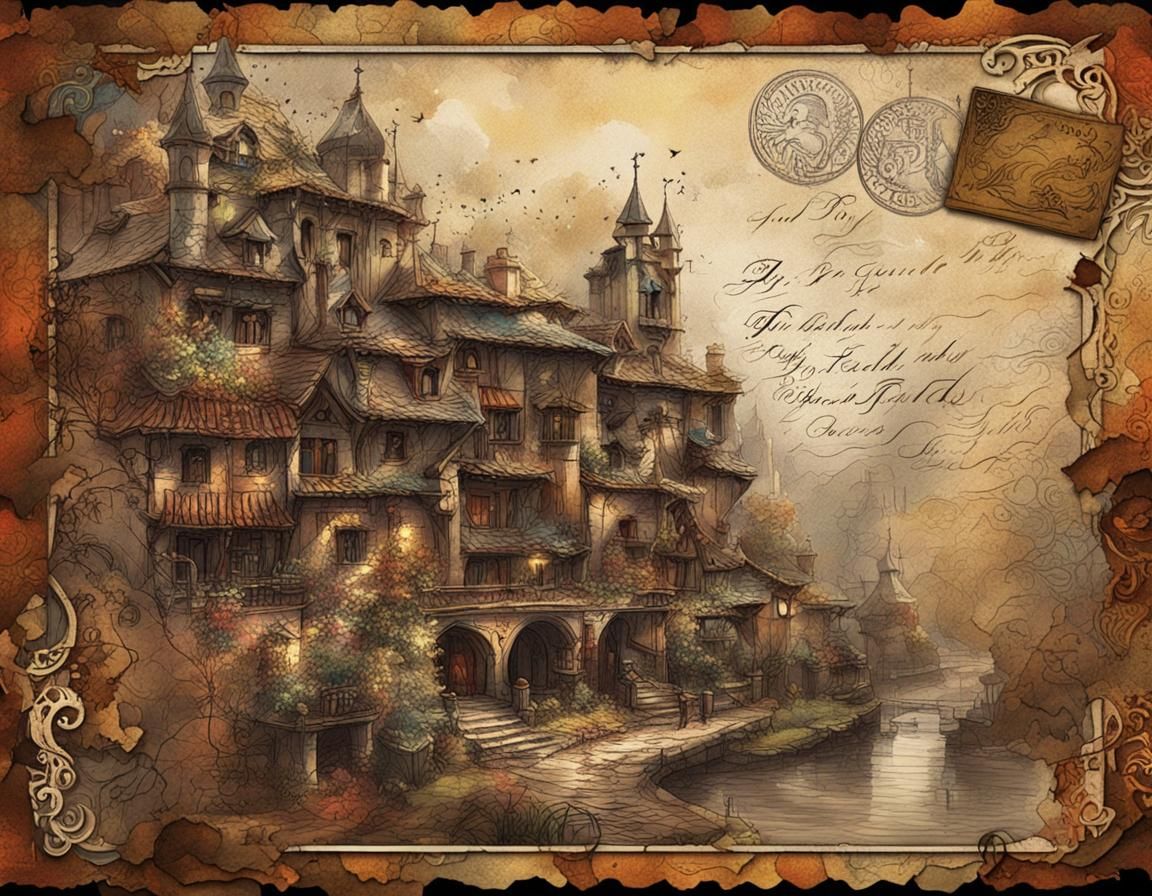 Distressed Postcard with Calligraphy and Small Drawing