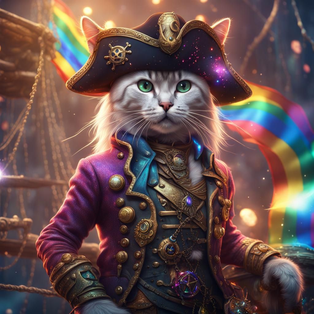 Rainbow Pirate Cats in Shimmering Fantasy Art