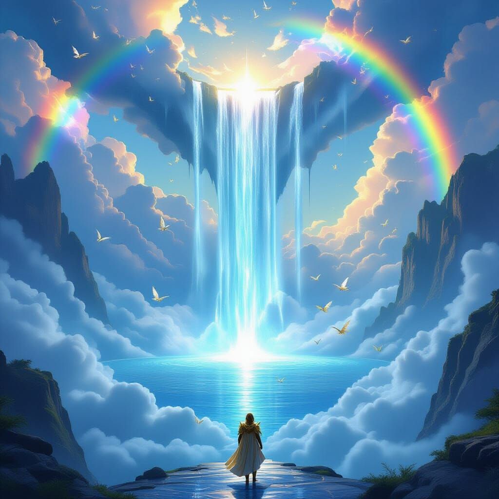 Crystal Waterfall into Floating Lake Above Clouds