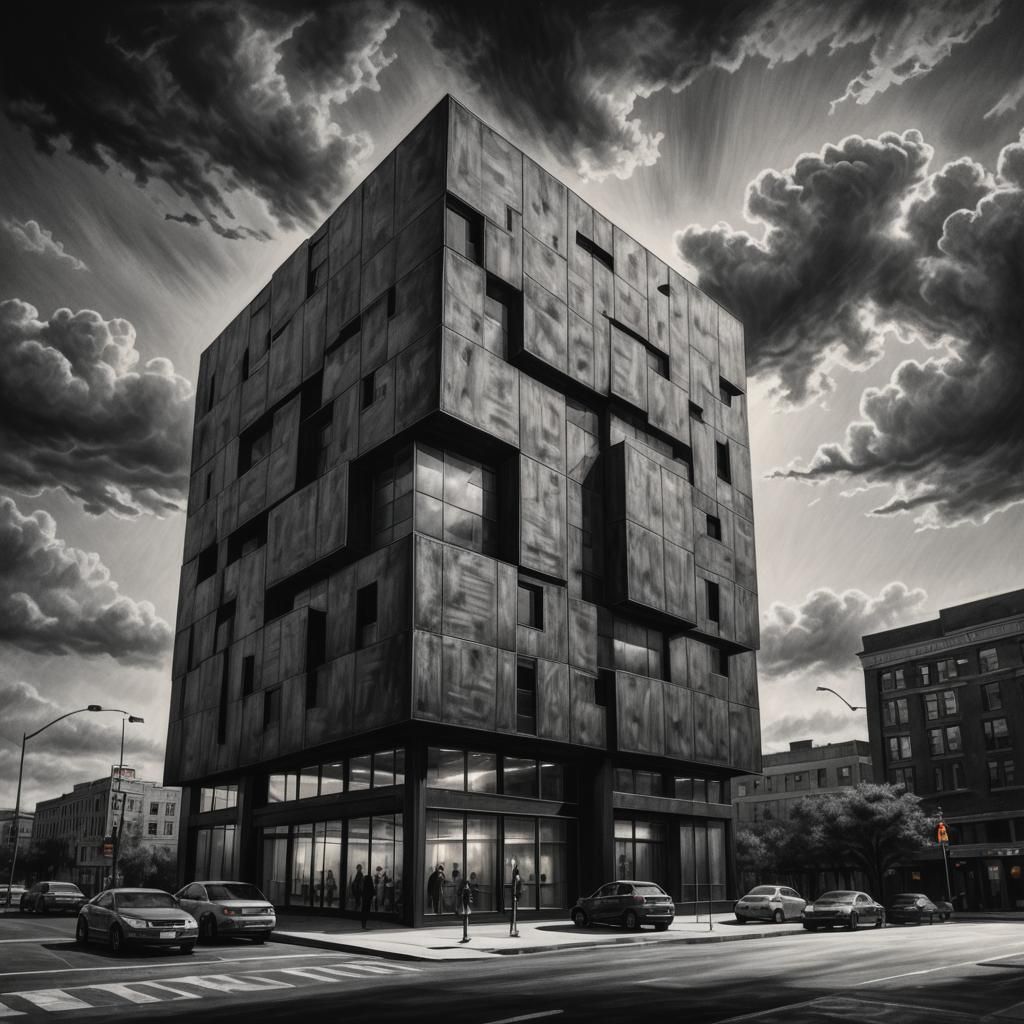 Monochrome Urban Cube Building in Charcoal