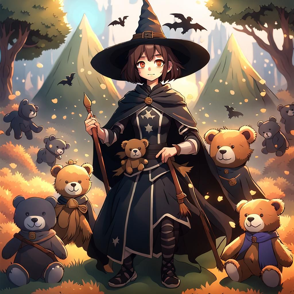 Anime Style Witch with Teddy Bears