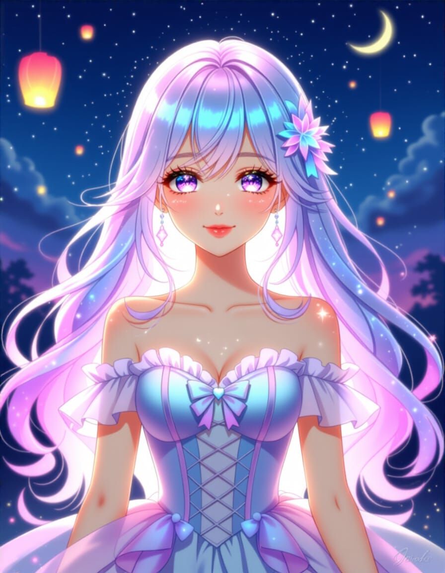 Anime Portrait of a Girl with Pastel Hair Under Moonlight