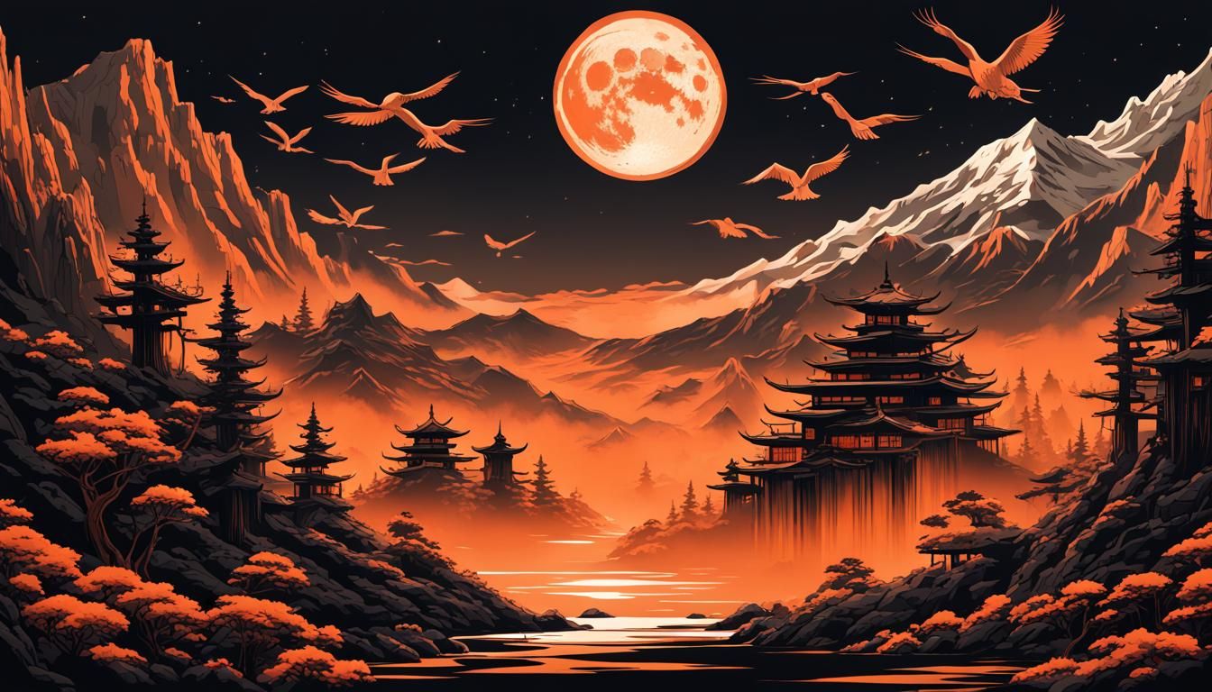 Dark Japanese Horror Landscape with Geometric Symbology