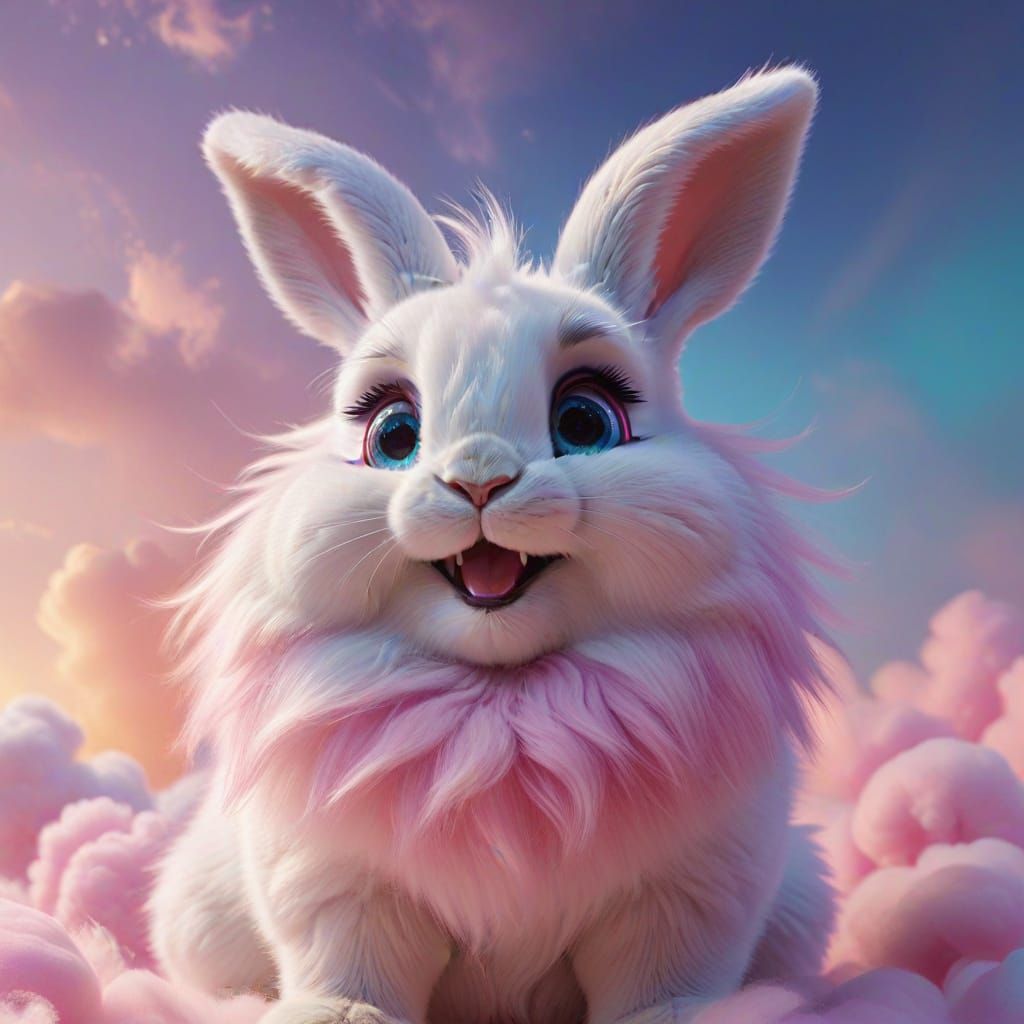 Laughing Bunny on Cotton Cloud in Pixar Style