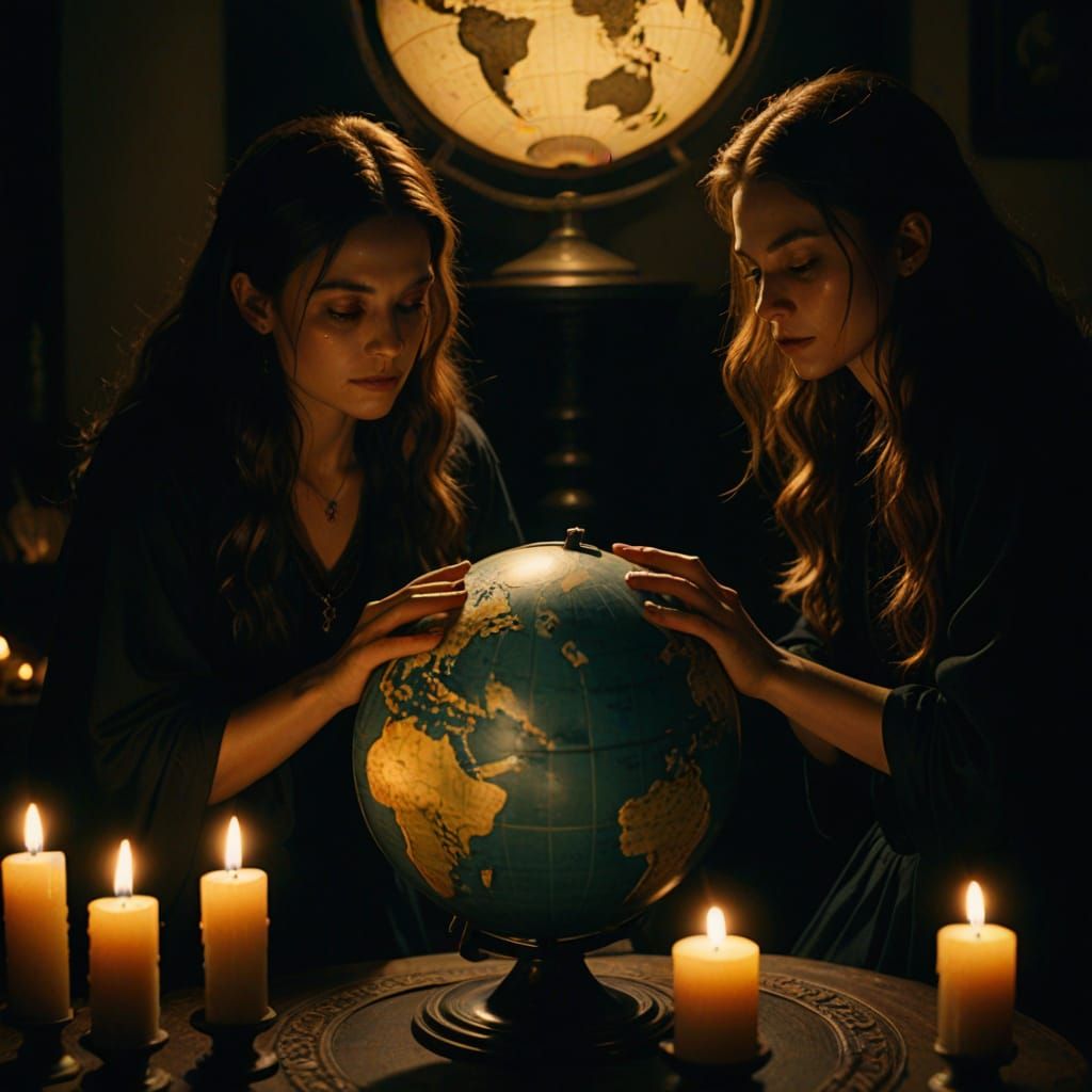Witches in Candlelit Prayer Over a Globe