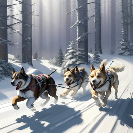 Dogs Pulling Sled Through Snowy Forest in Oil Painting Style