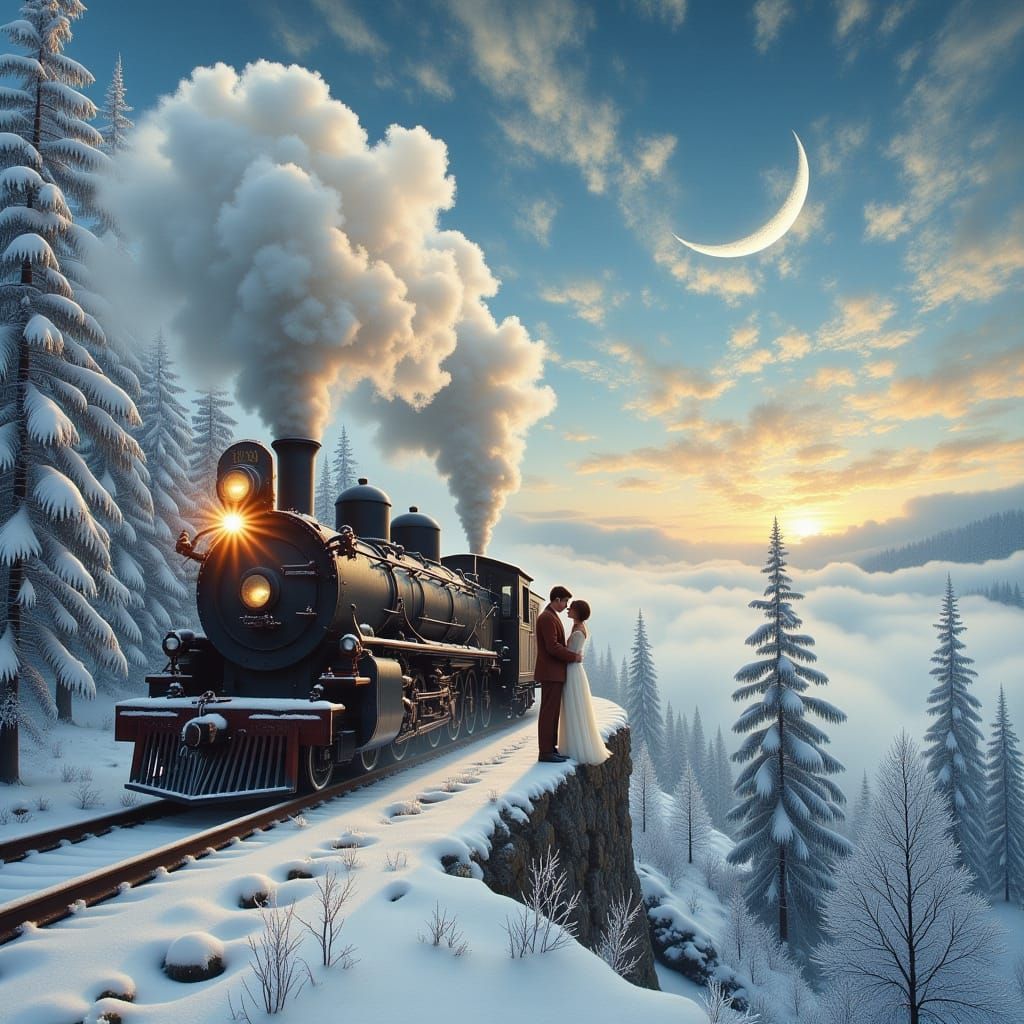 Couple's Tender Moment on Snowy Train Journey