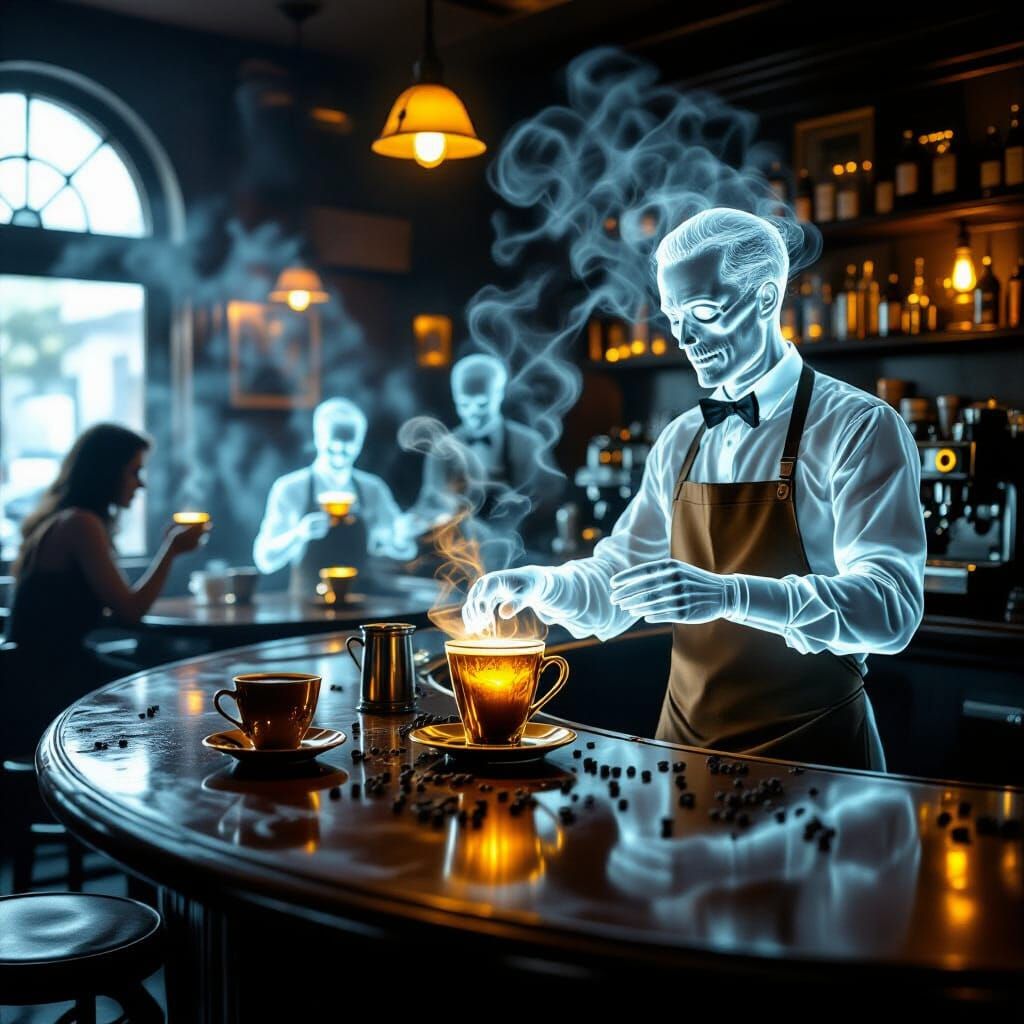 Ghostly Patrons in a Timeless, Ethereal Coffee Club