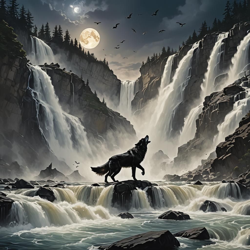 Wolf Howling at Moonlit Waterfall, Digital Matte Painting