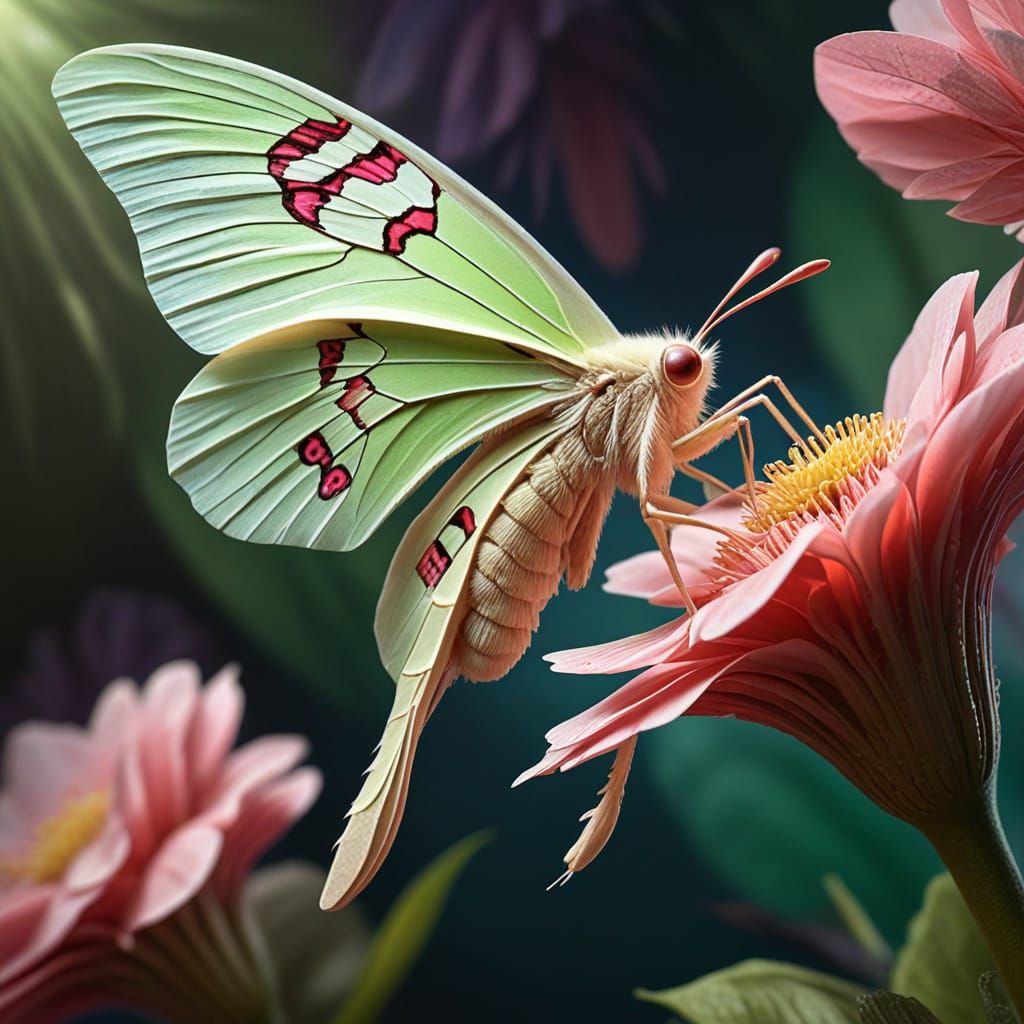 Luna Moth and Bud, Hyperrealistic Concept Art