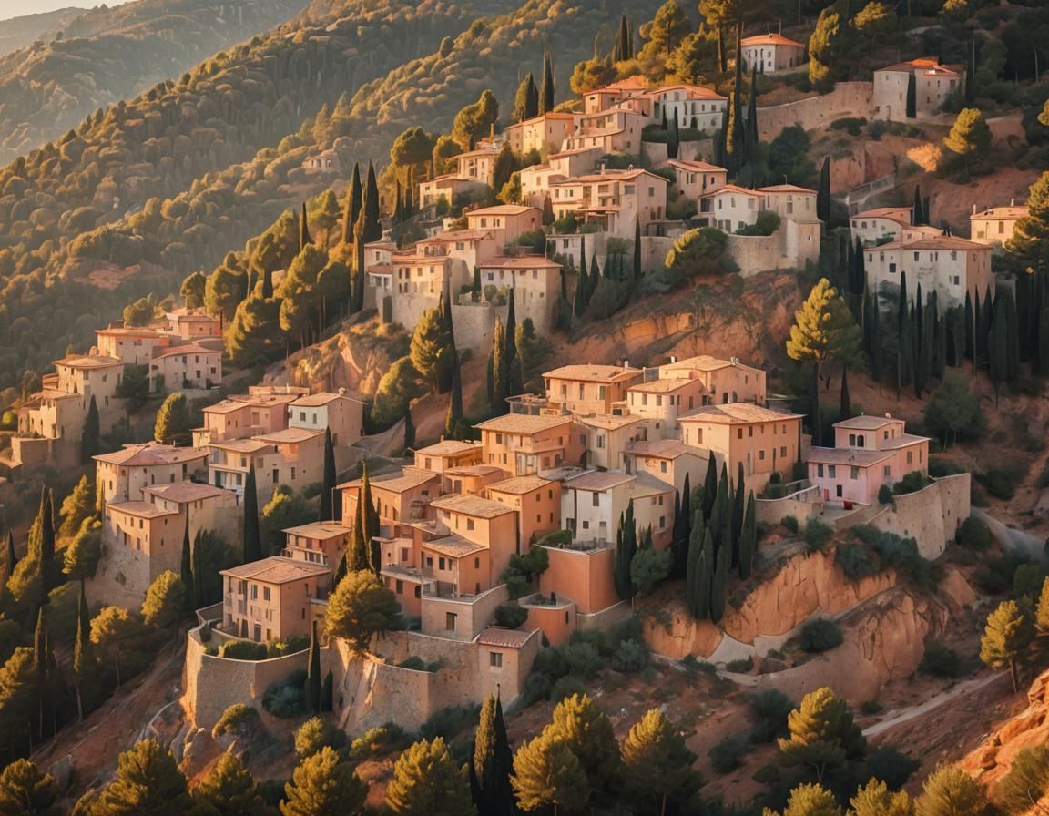 Mediterranean Village at Golden Hour, Neo-Impressionist Styl...
