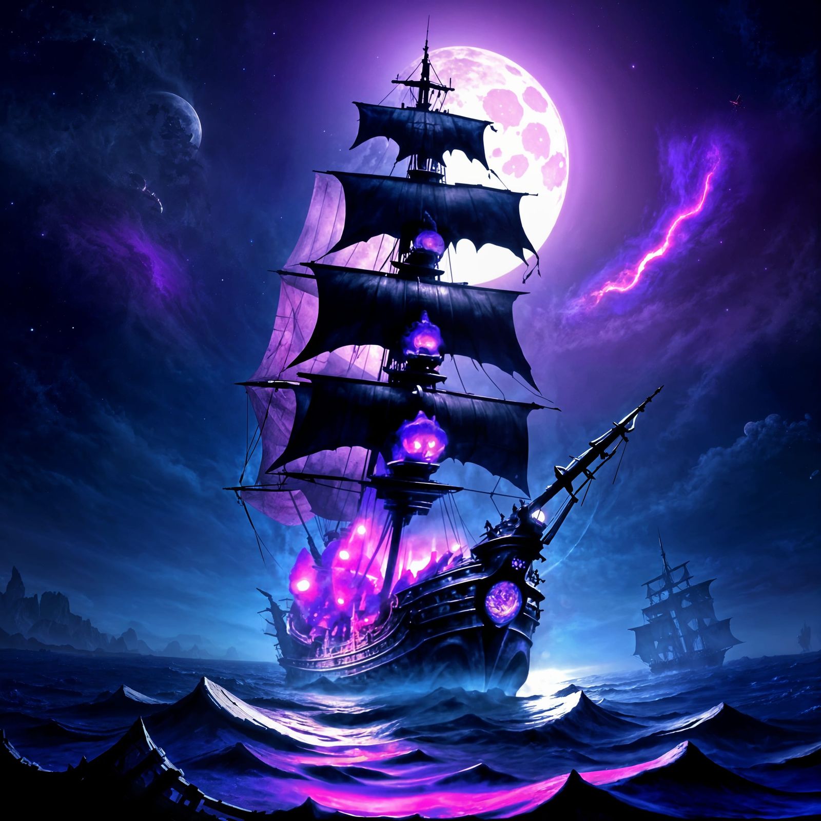 Gothic Pirate Ship Sails Under Midnight Cosmic Seas