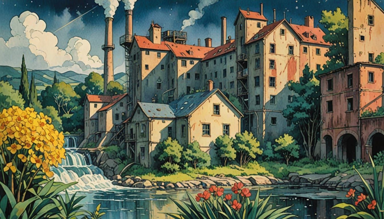 Abandoned Factory with Exotic Plants in Watercolor Retro Com...