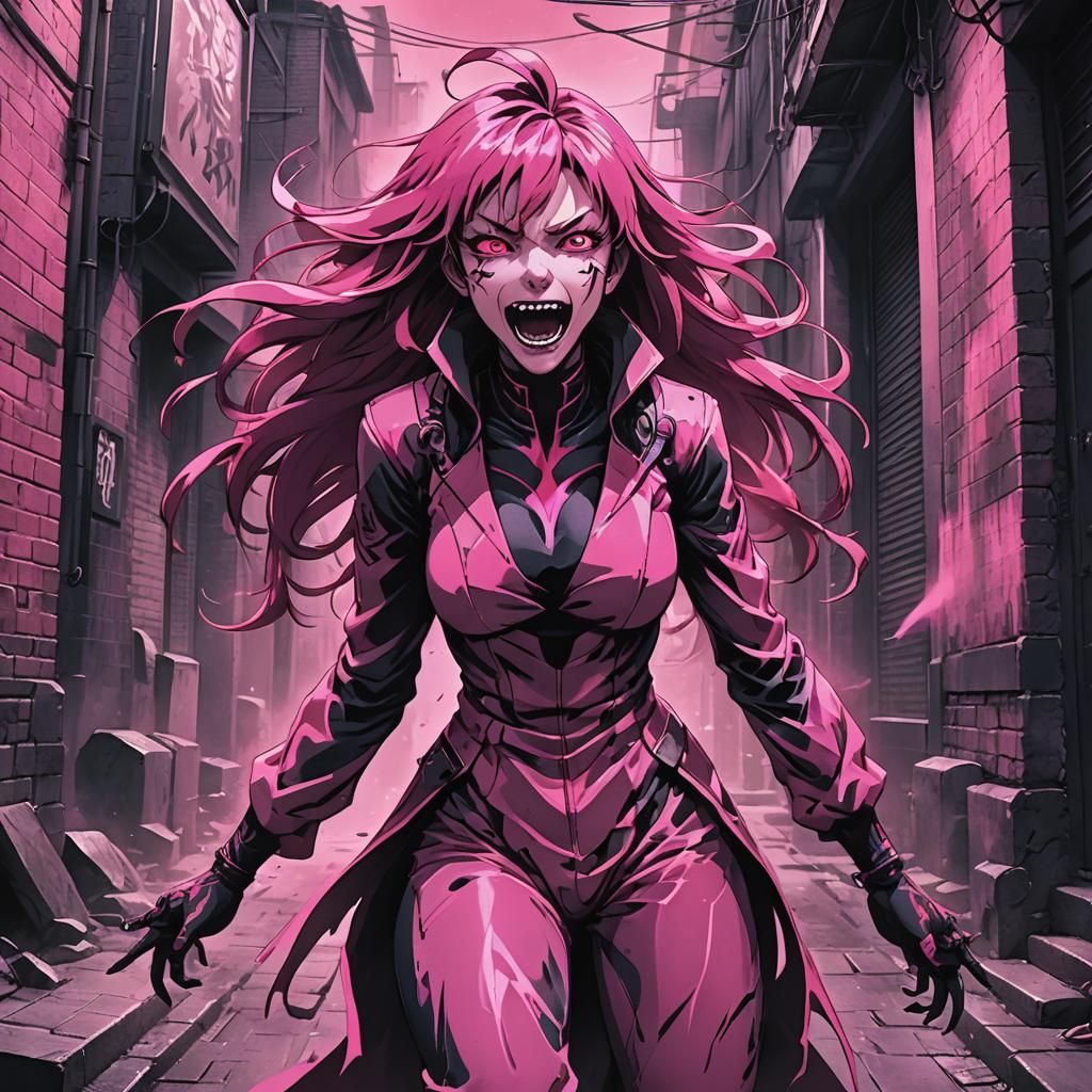 Pink and Black Banshee Screaming in Dark Alley