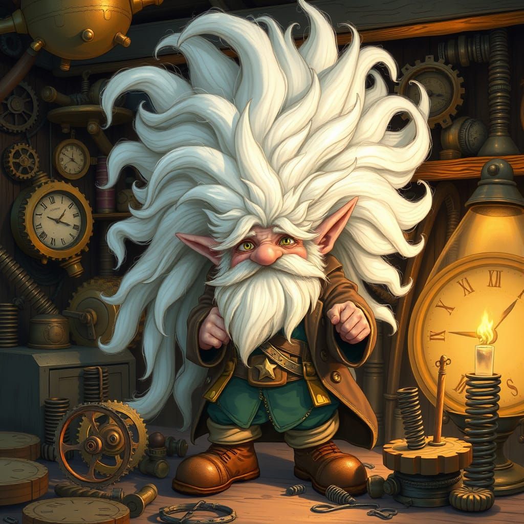 Gnome Inventor and Clockwork Creations in Storybook Style