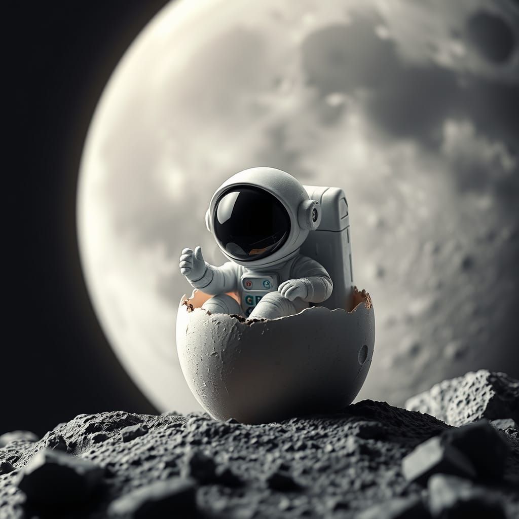 a tiny astronaut hatching from an egg on the moon