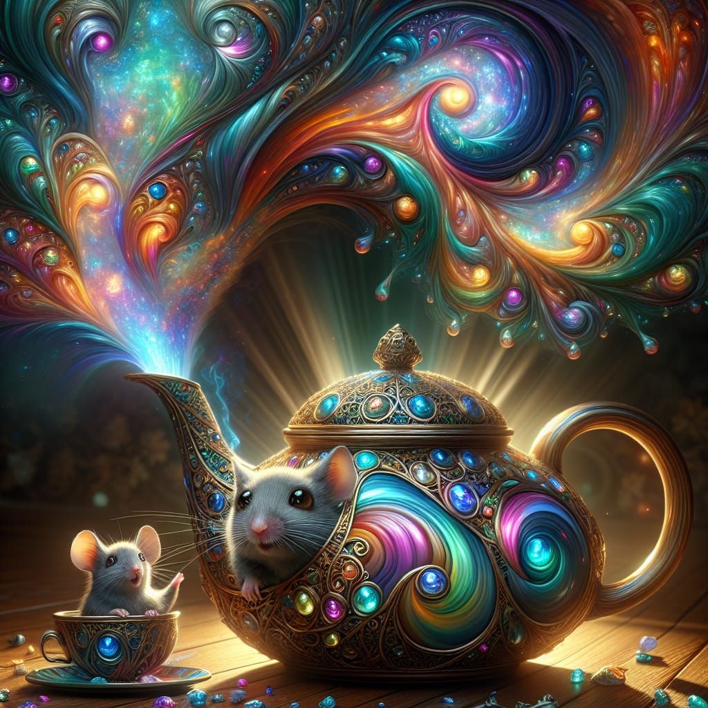 Ornate Glass Teapot with Mouse in Magical Light