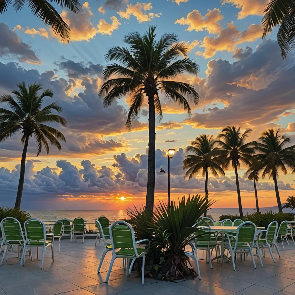 Vibrant Sunset Over Ocean With Palm Tree