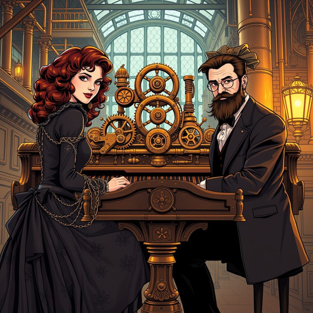 Steampunk Pianists in Elegant Industrial Setting