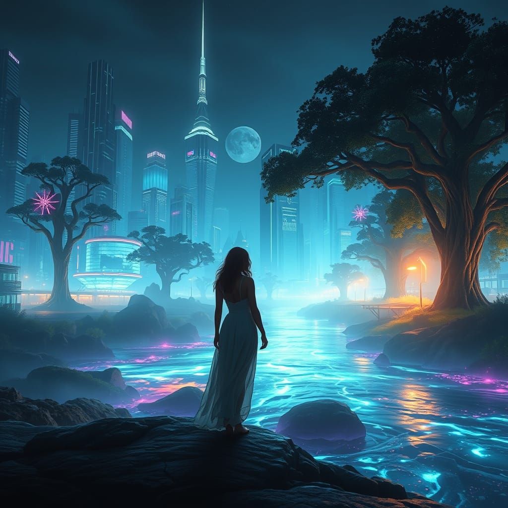 Bioluminescent River in Neon City, Digital Art