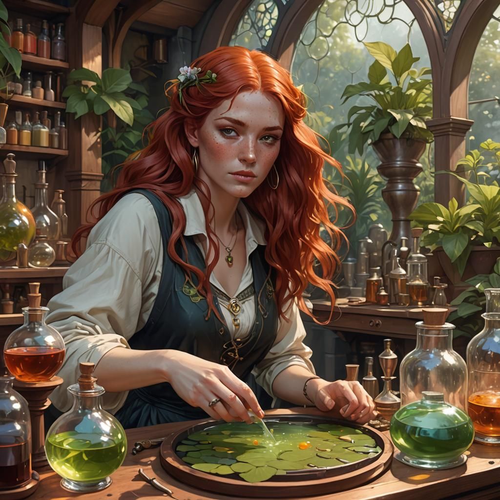 Redhead Alchemist in Art Nouveau Style Portrait