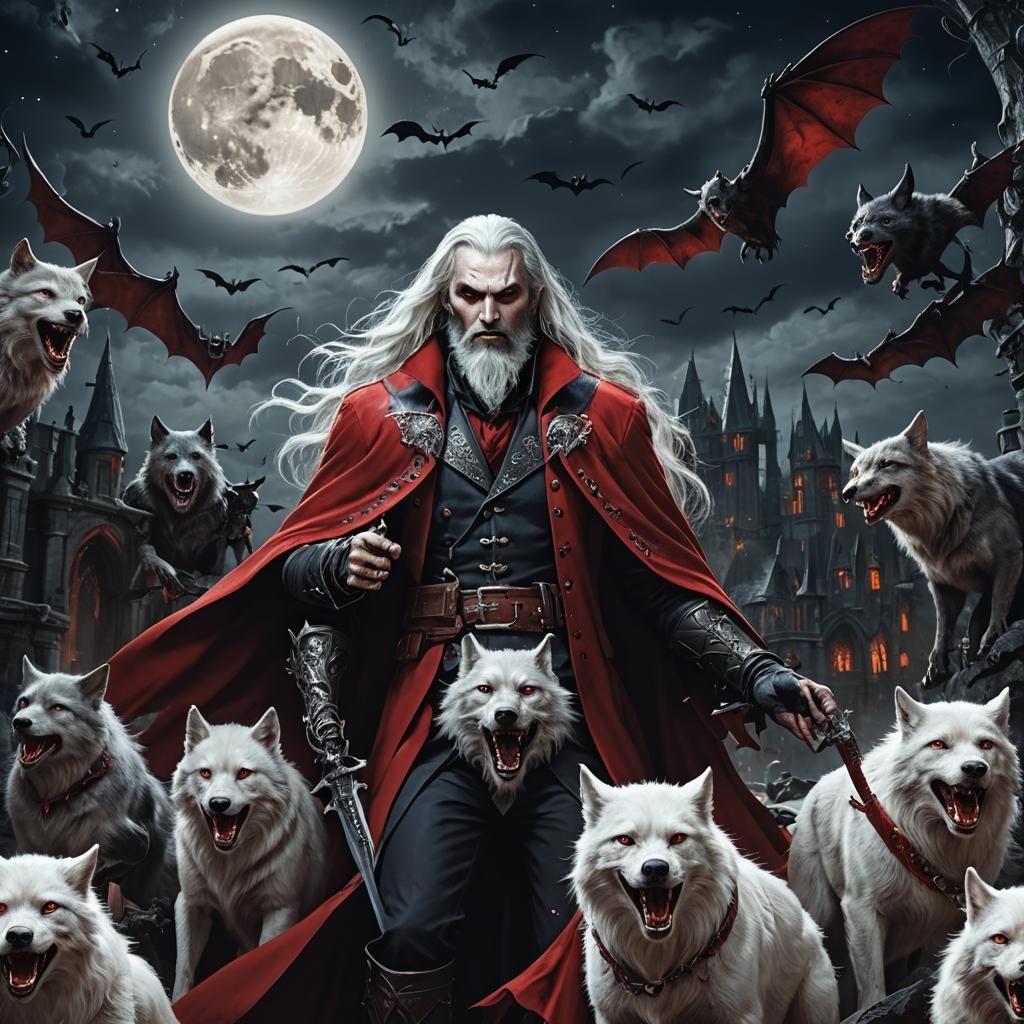 Gothic Vampire with Bats and Wolves in Armor