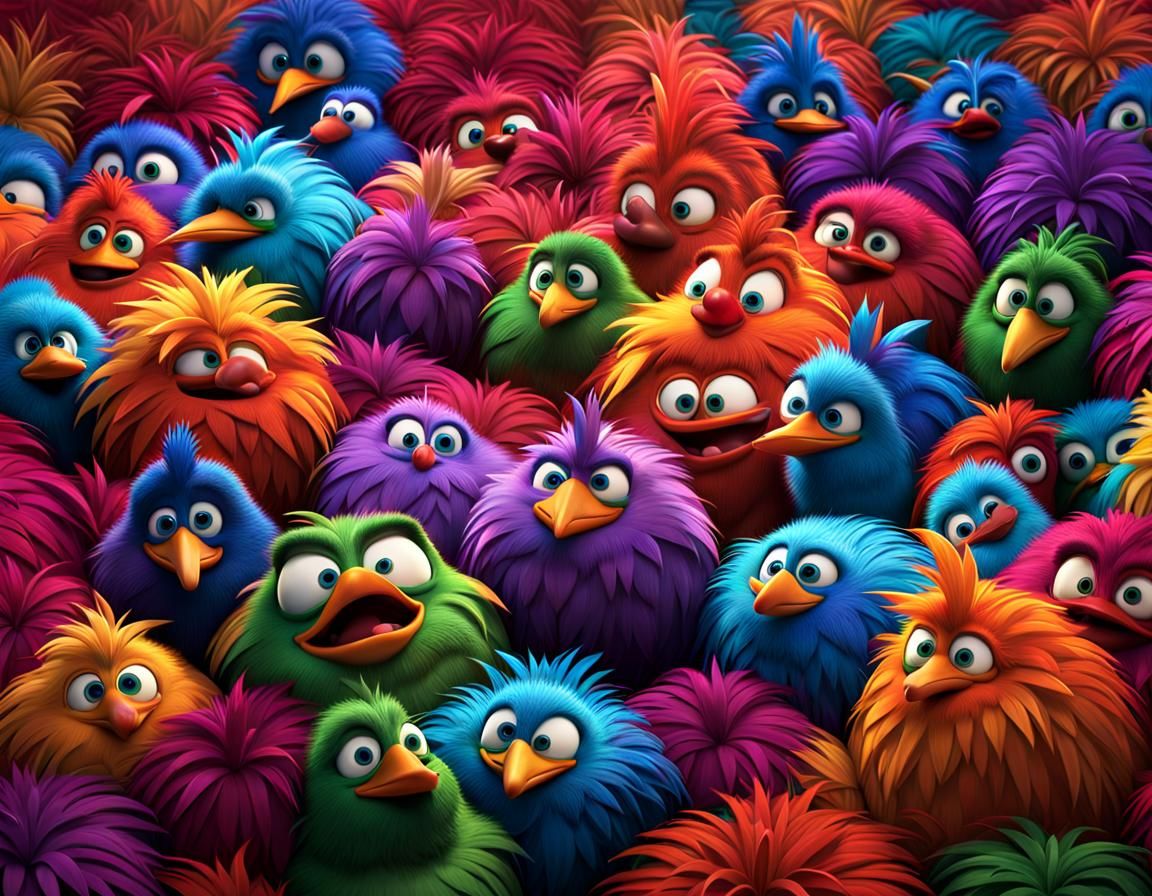 Laughing Feather Creatures in Detailed 3D Digital Art