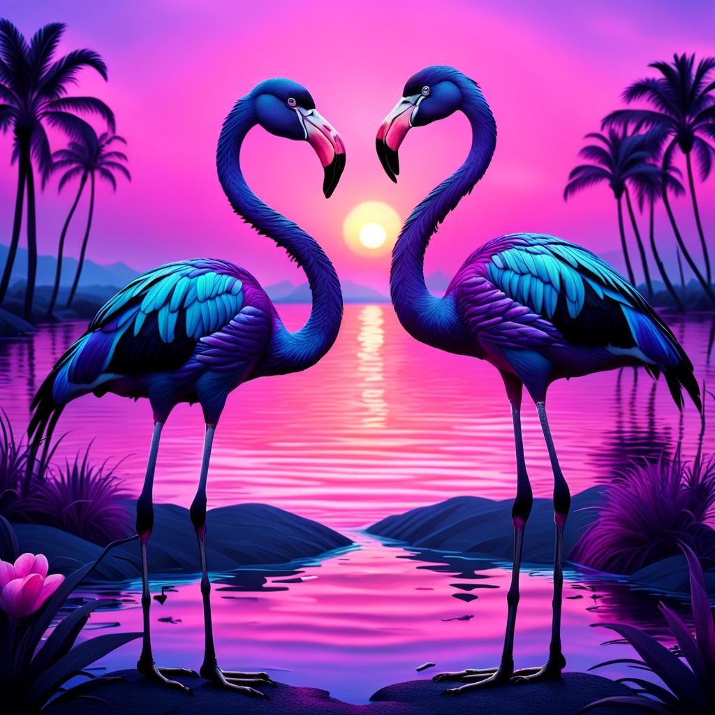 Heart Flamingos at Purple Sunset
