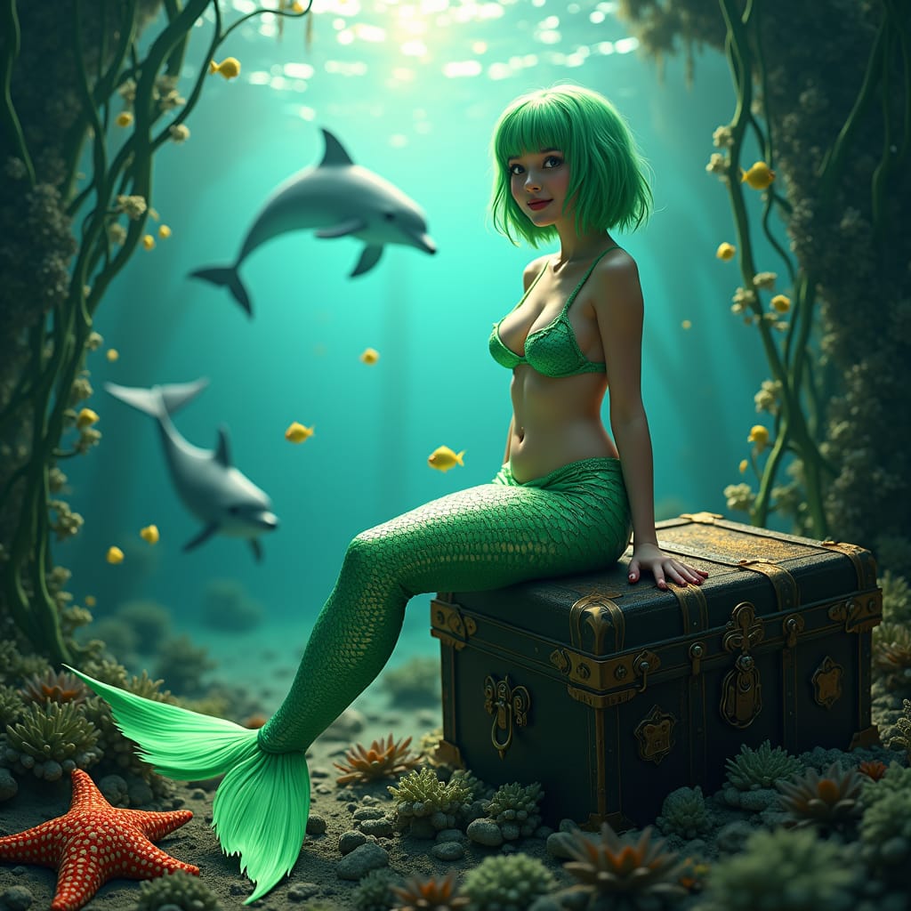 Cyber Mermaid on Seafloor Treasure Chest