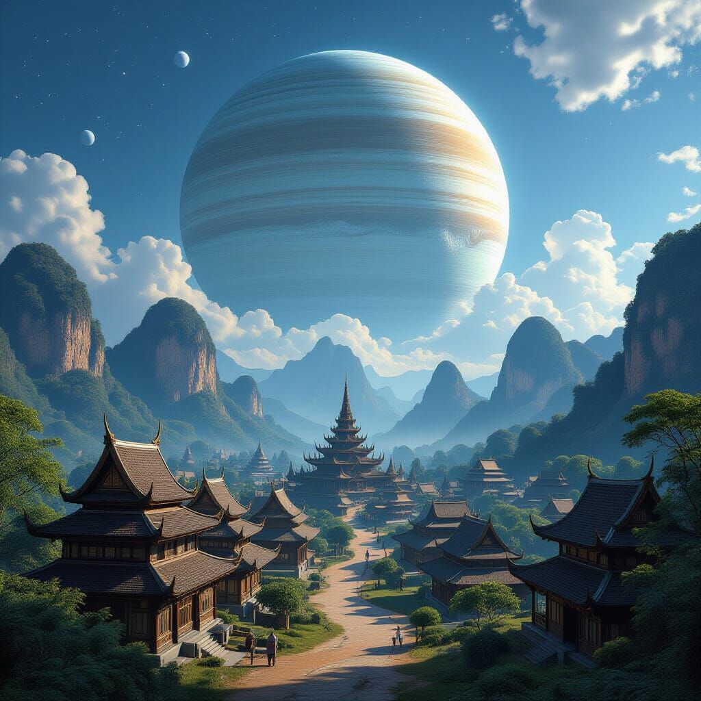 Ancient Thai Village on Terraformed Moon with Ringed Planet