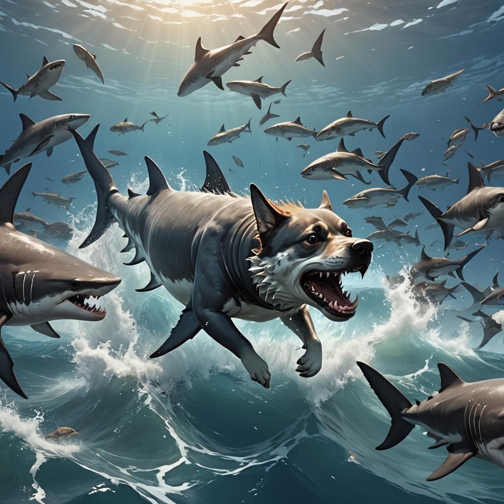Dog Swimming in Shark Ocean: 3D Anime Art