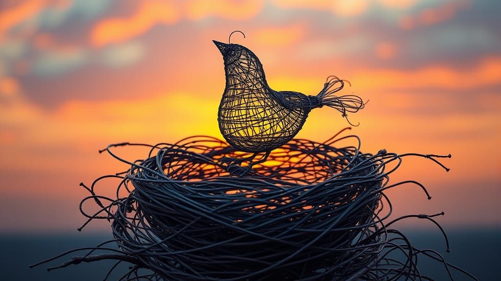 Wire Bird and Nest Sculpture Against Sunset