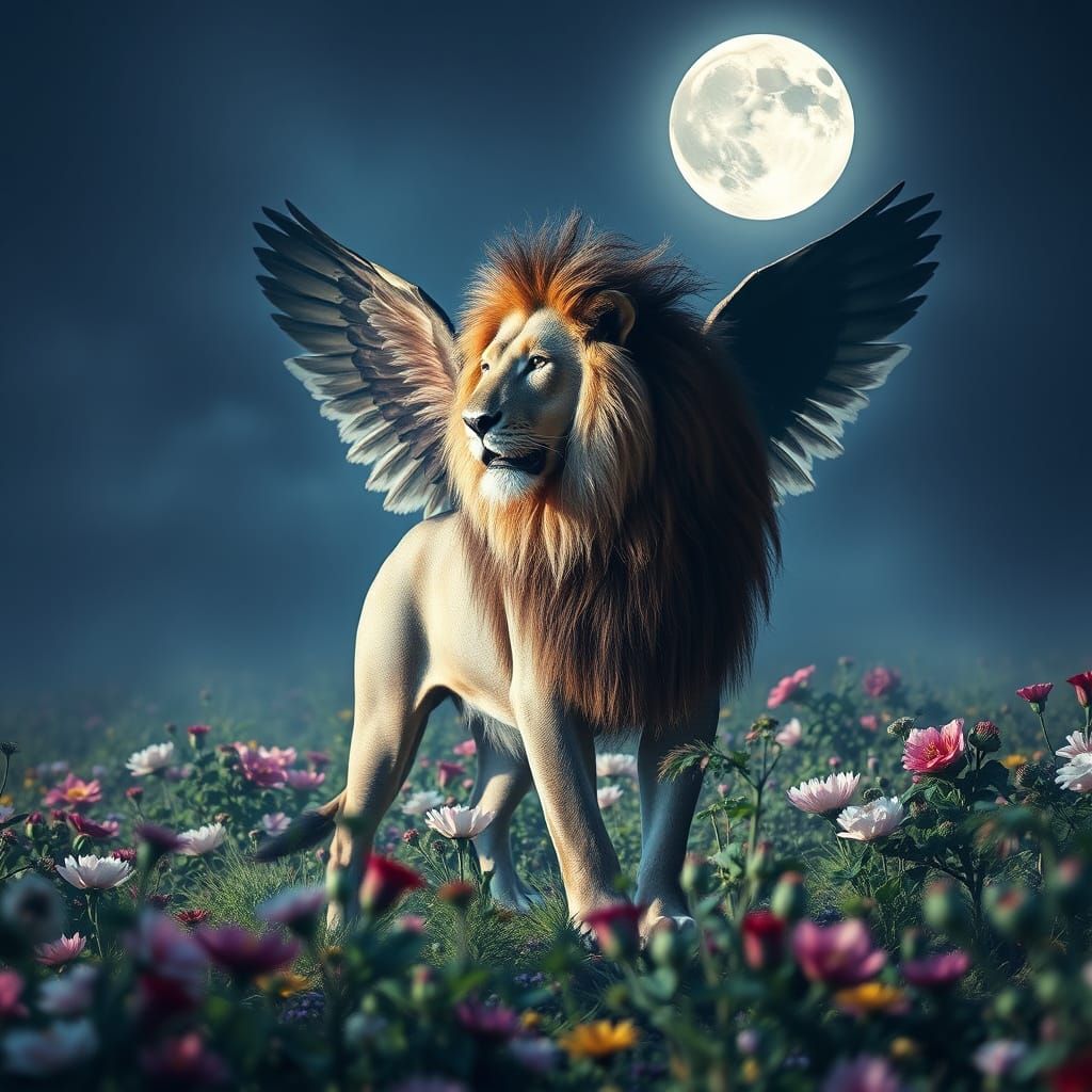 Winged Lion Double Exposure Portrait in Impressionistic Styl...