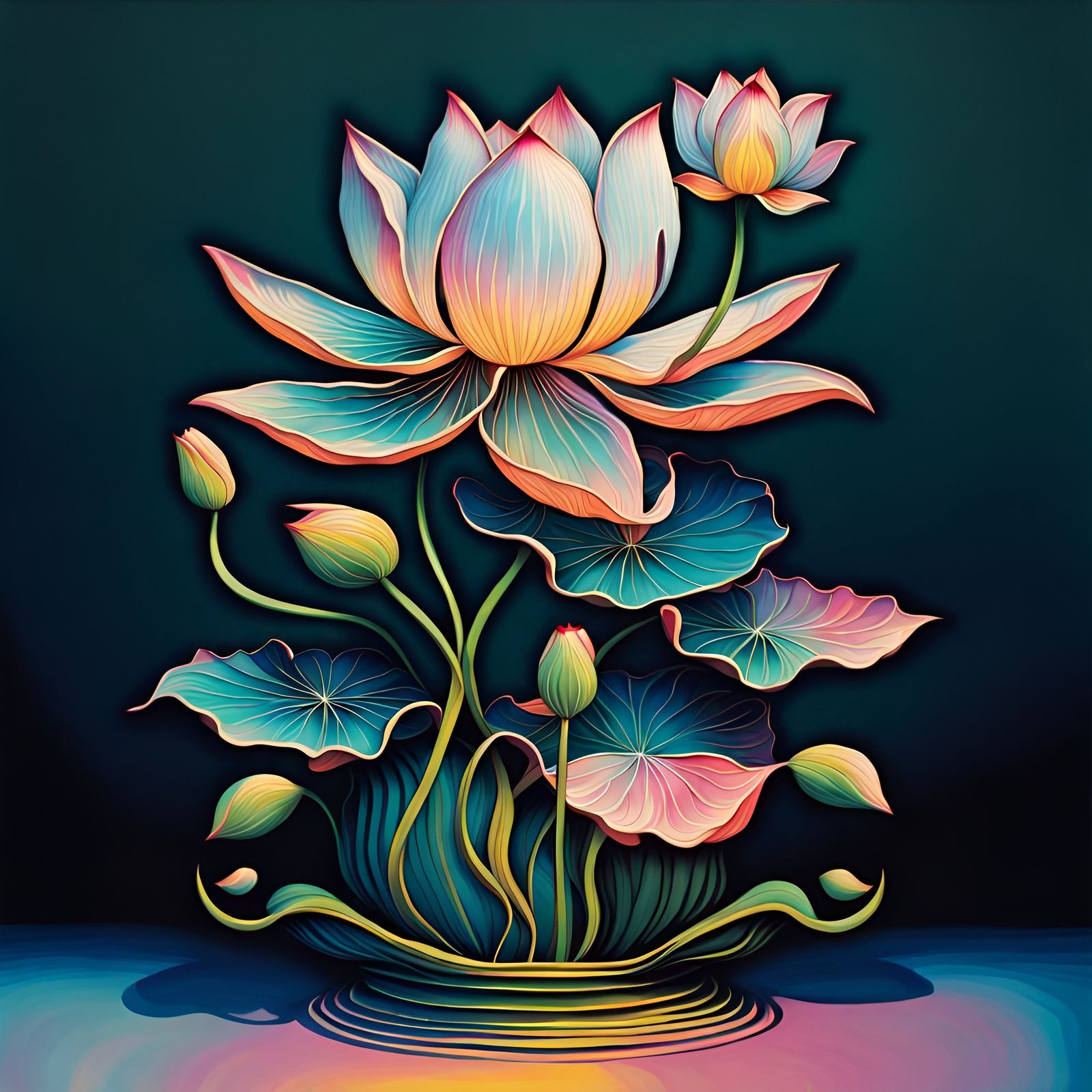 Beautiful Lotus Flower, Decorative Stylised Oil Painting