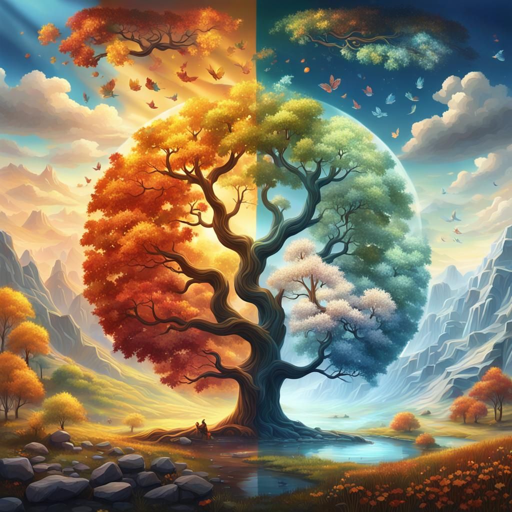 Evolving Four Seasons Mural in Digital Art Style