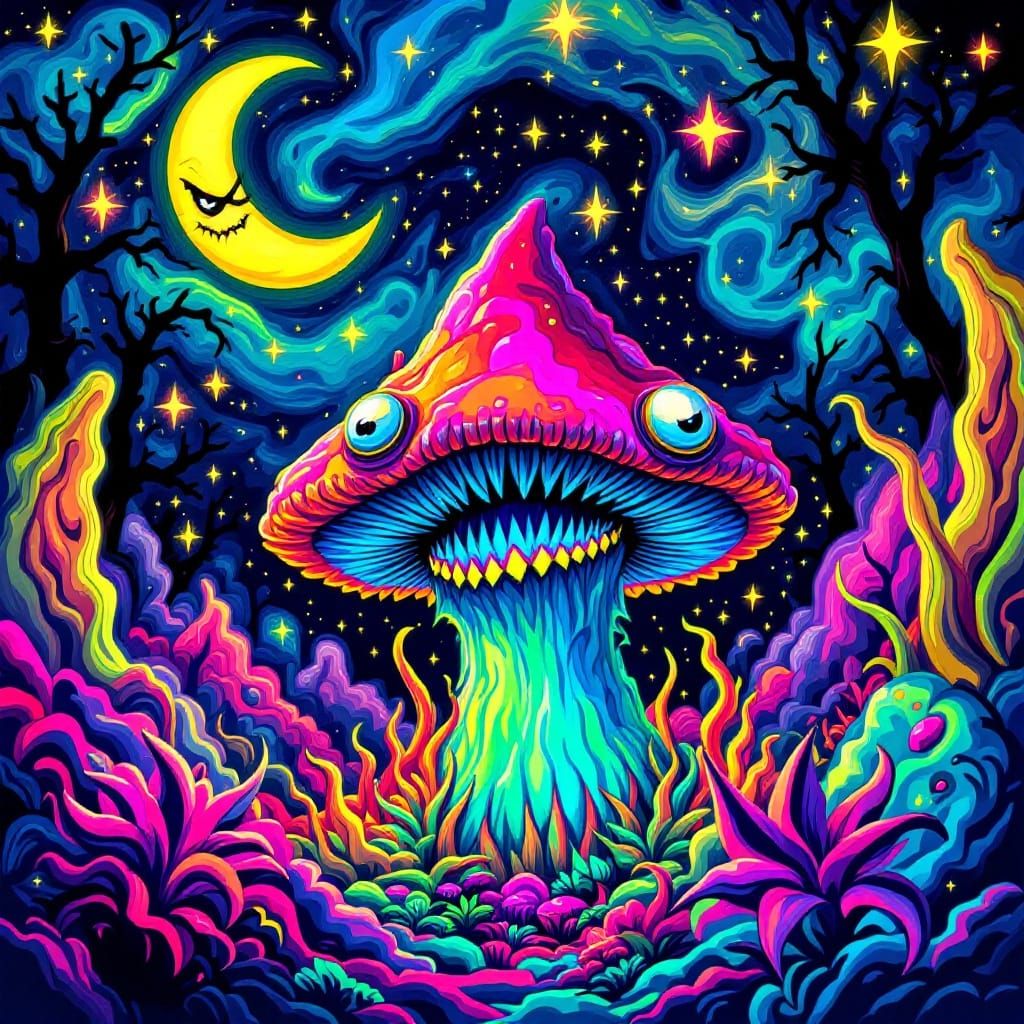 Vibrant, Alien Mushroom Awakens with Shark-Like Jaws in a Bi...