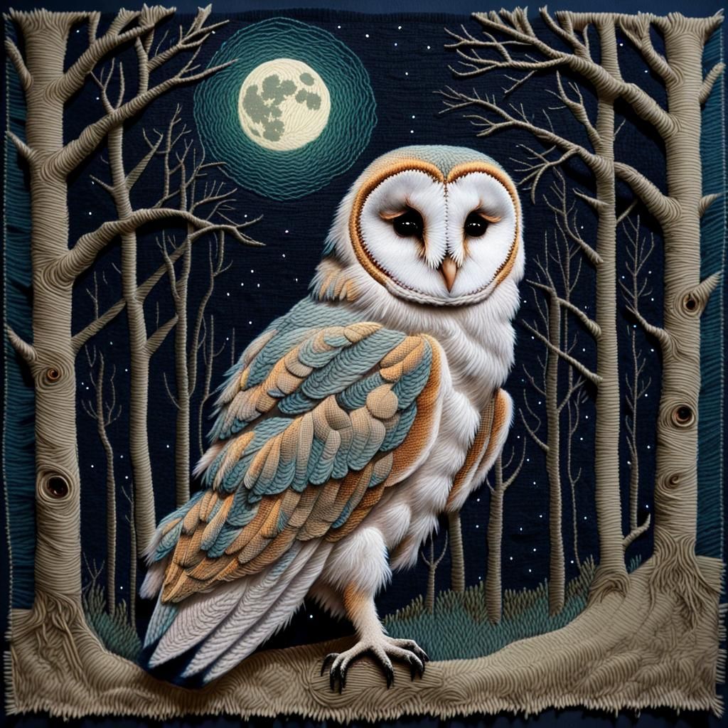 A tapestry of a Barn Owl in an eerie moonlit whispering grov...