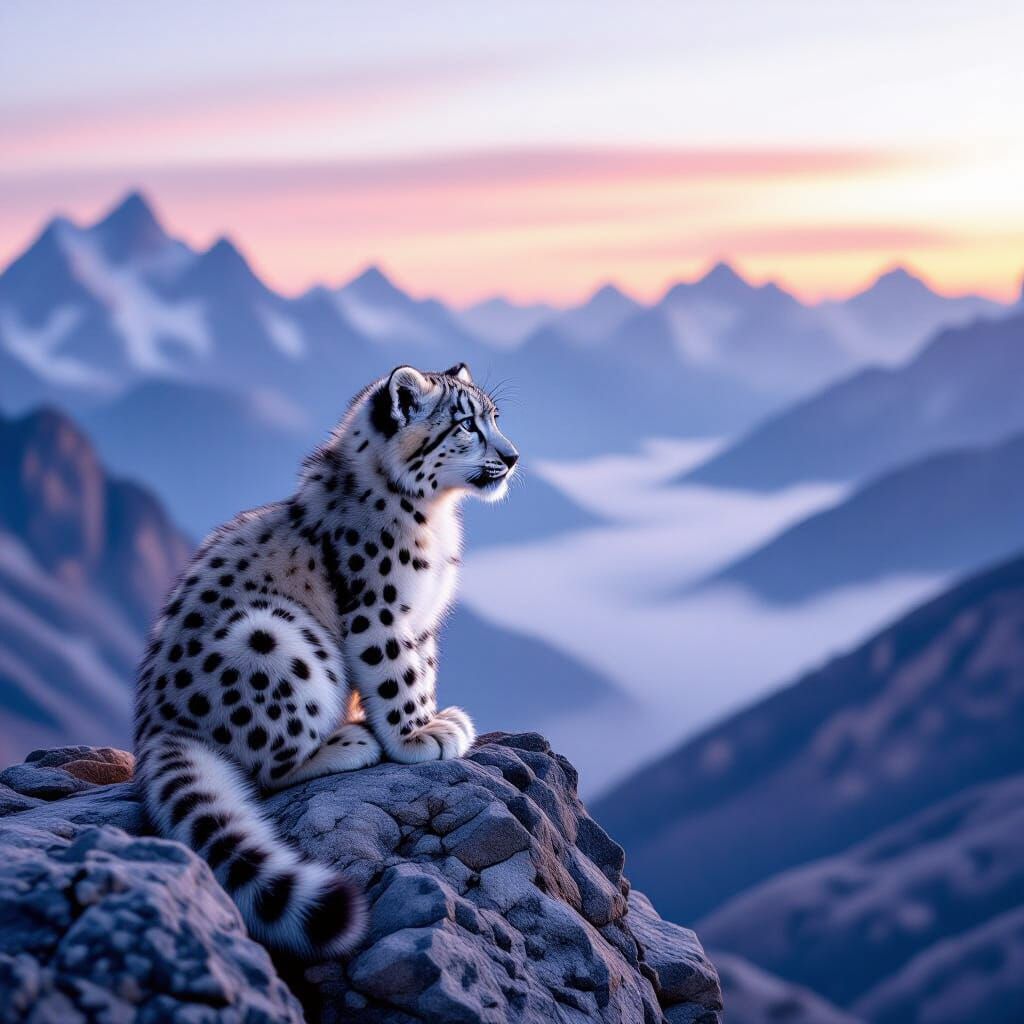 Majestic Snow Leopard Cub at Dawn Over Misty Mountains