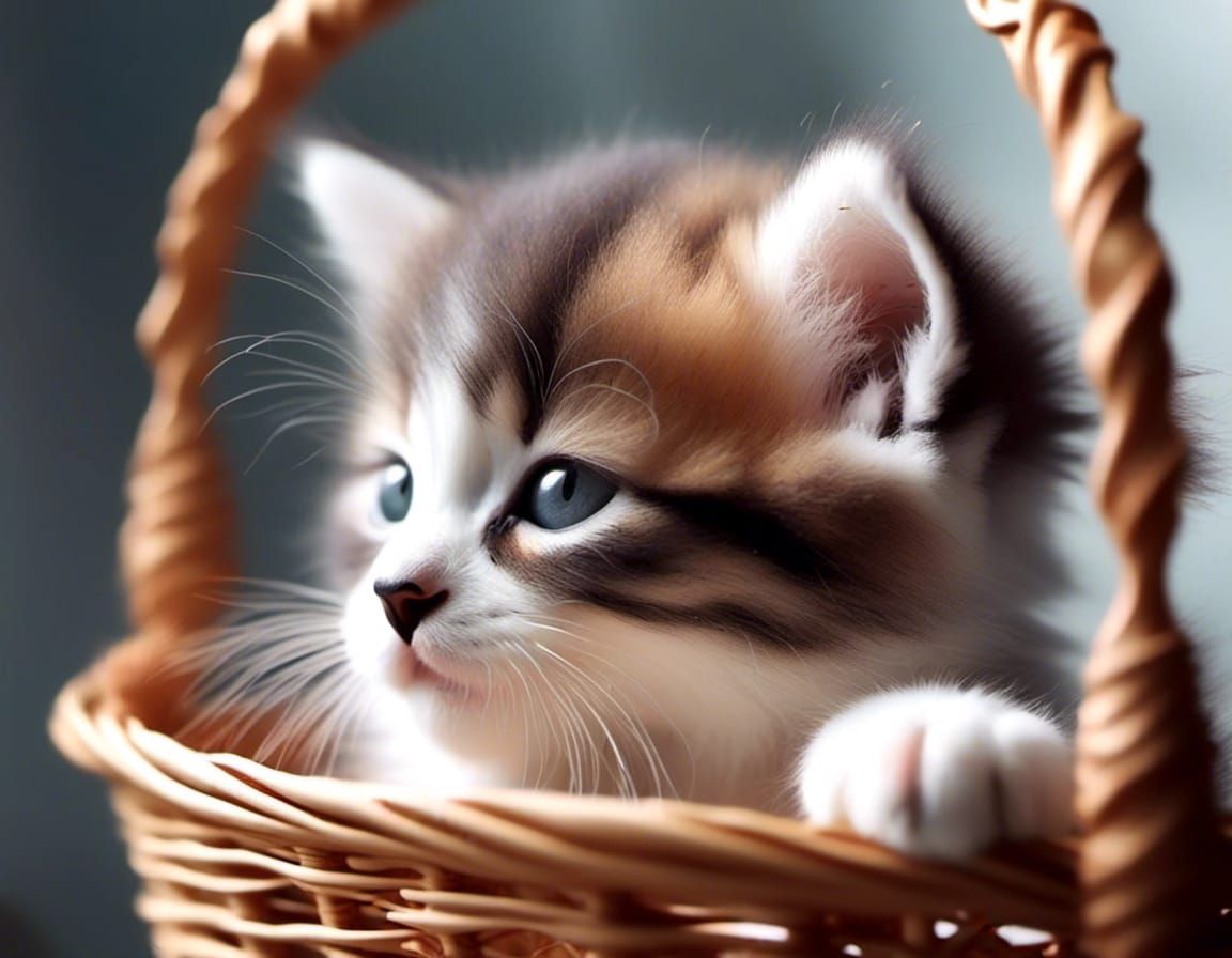 Cute Kitten Cuddled in Basket: Photorealistic Image