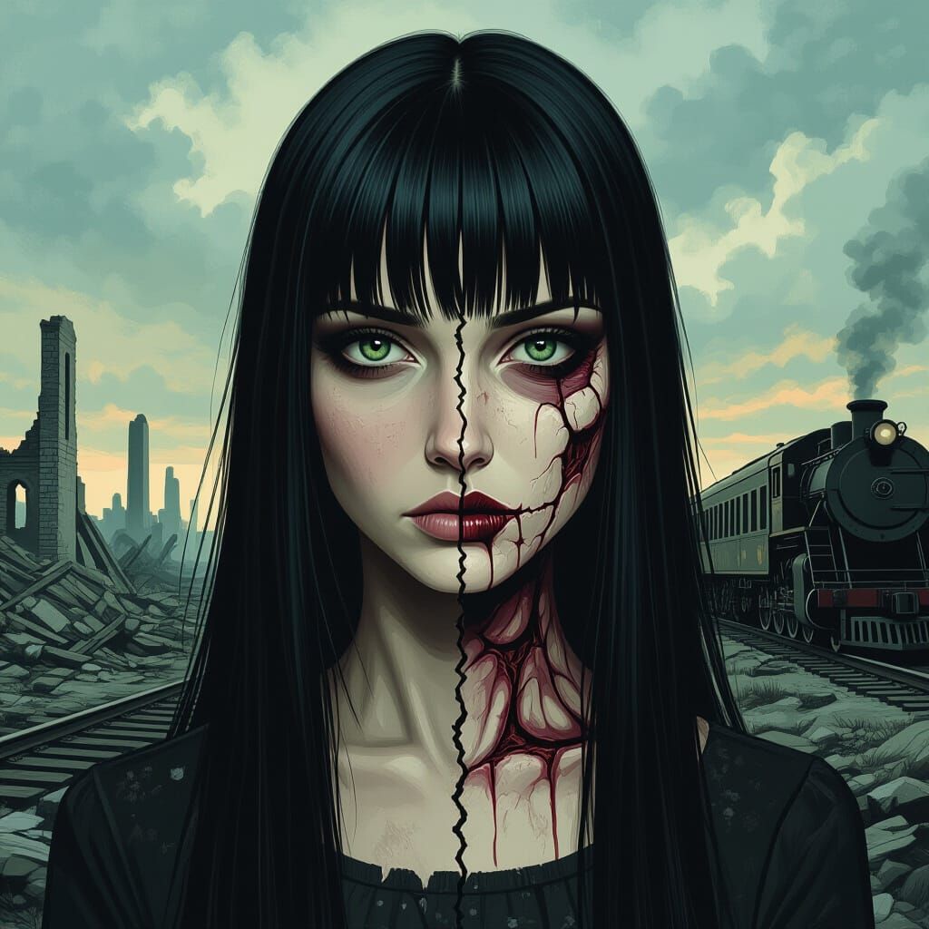 Dual-Faced Woman in Post-Apocalyptic Horror Landscape