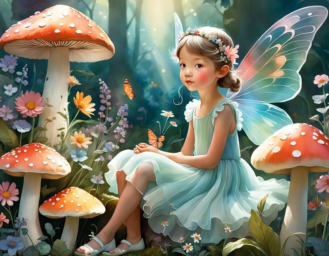 Fairy on Mushroom in Magical Garden Illustration
