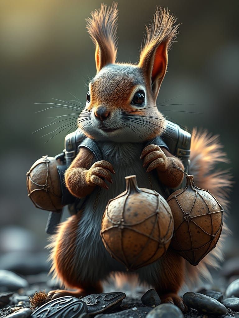 Heroic Squirrel Dragging Nuts, Hyper-Realistic Portrait