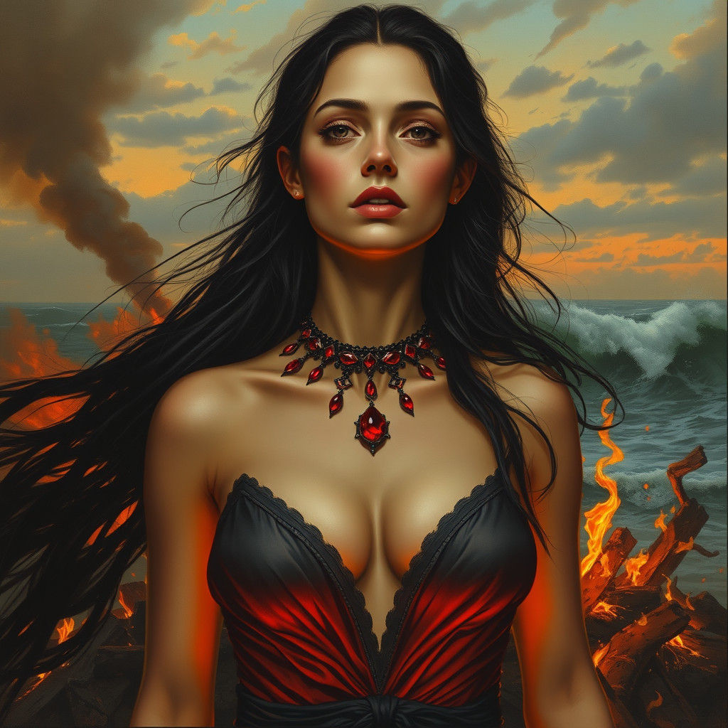 Ruby Choker Woman in Funeral Pyre Dusk, Mystical Realism