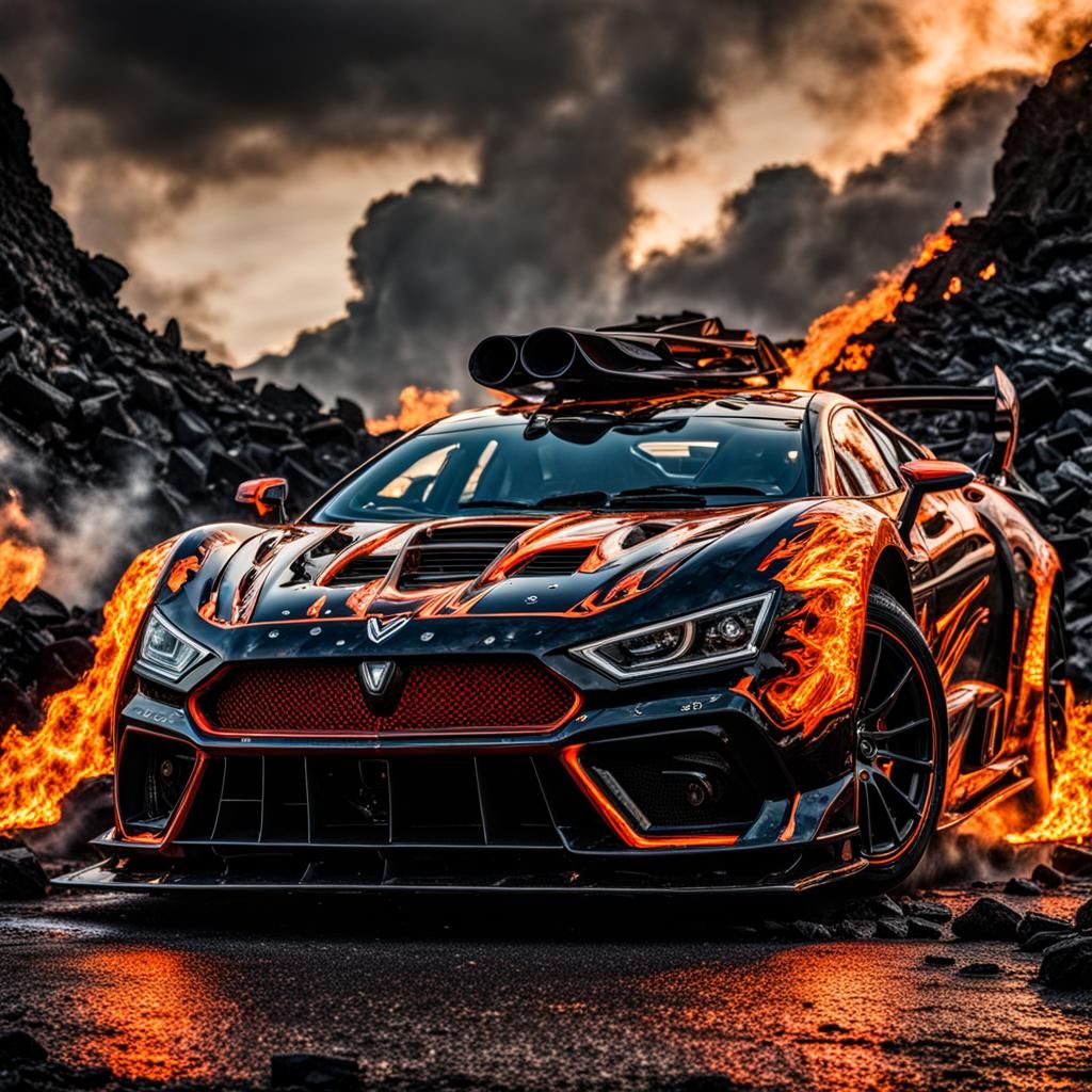 Volcanic Car Engulfed in Fire and Lava