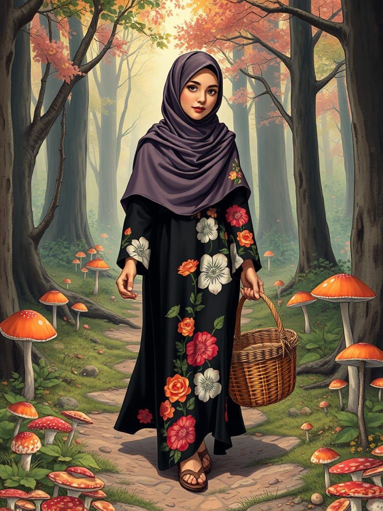 Modest Adventurer in Flower-Patterned Abaya Collects Mushroo...
